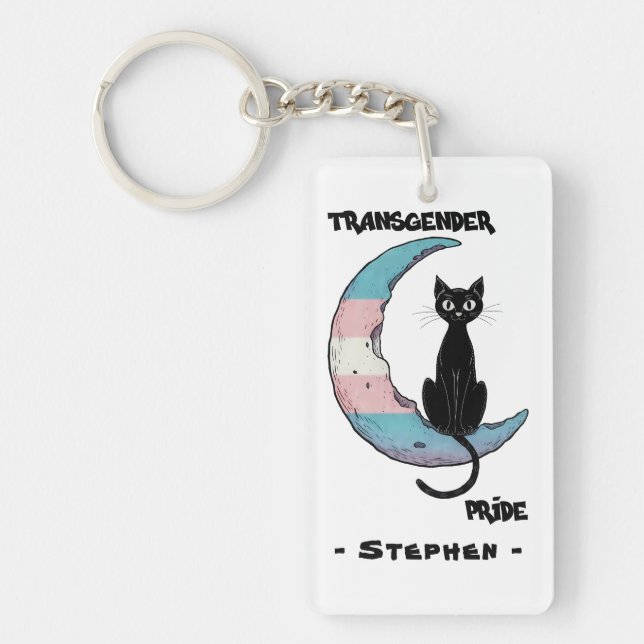 Transgender Pride – Black Cat on Trans Flag Moon Key Ring (Front)