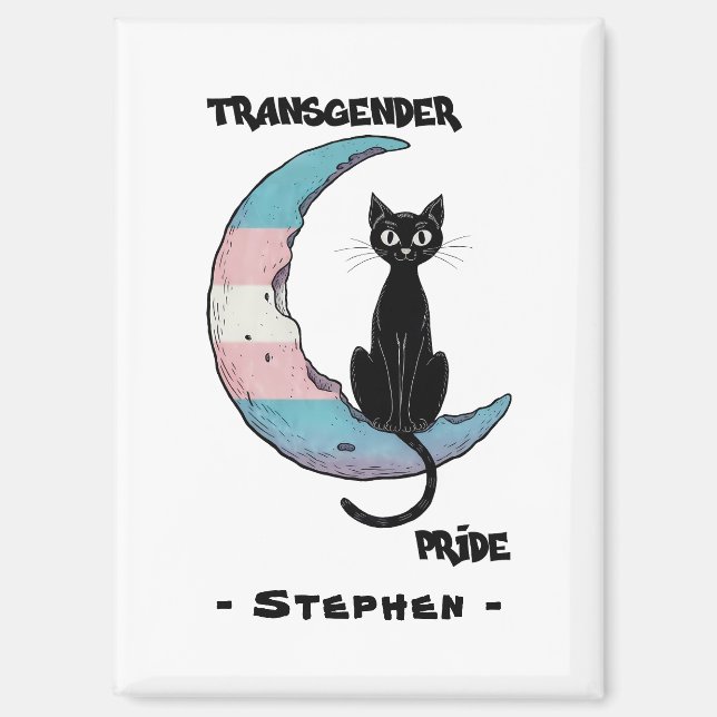 Transgender Pride – Black Cat on Trans Flag Moon Magnet (Front)