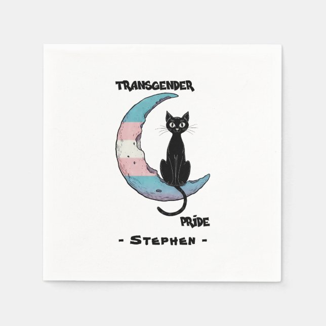 Transgender Pride – Black Cat on Trans Flag Moon Napkin (Front)