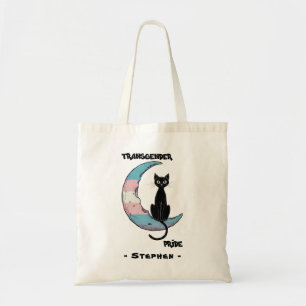 Transgender Pride – Black Cat on Trans Flag Moon Tote Bag