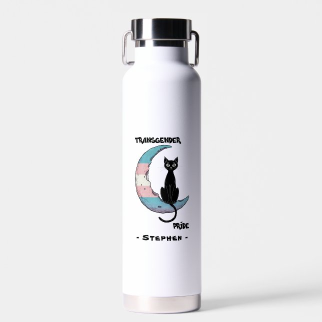 Transgender Pride – Black Cat on Trans Flag Moon Water Bottle (Front)