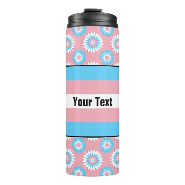Transgender pride flag with a pink flower patter thermal tumbler (Front)