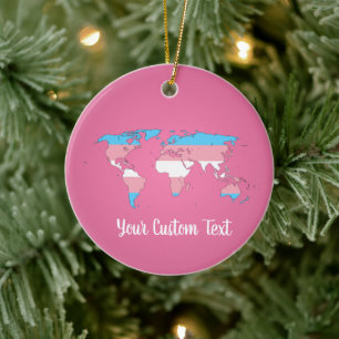 Transgender pride flag with a world map ceramic o tree decoration