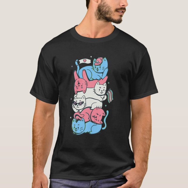 Transgender Pride Funny Kawaii Kitty Cat Stack Tra T-Shirt (Front)