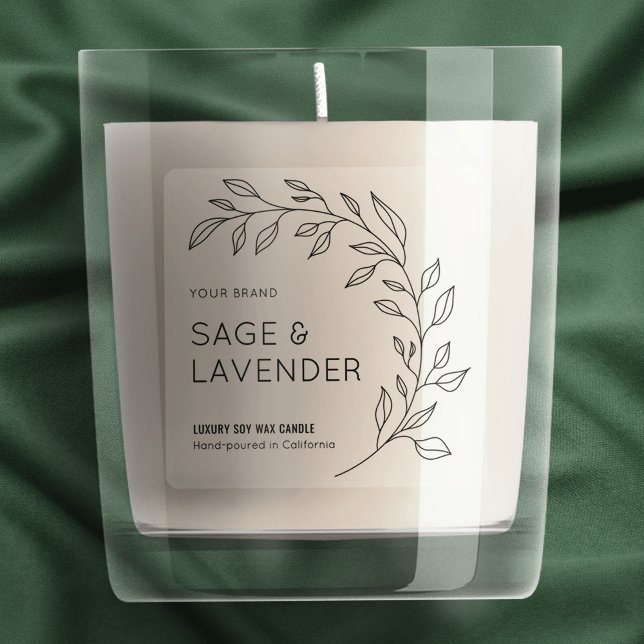 Translucent Botanical Simple Candle Jar 3x3 Label (Transparent square candle jar label with modern botanical leaf motif and simple layout)