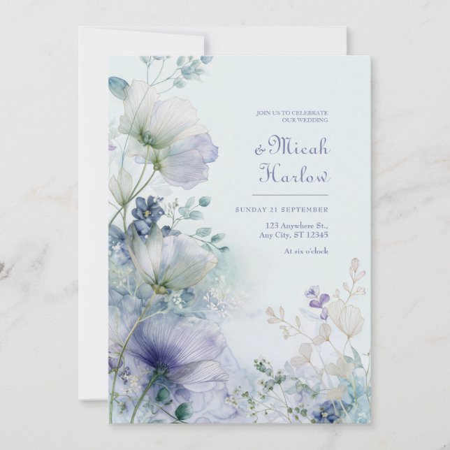 Translucent Periwinkle Misty Botanical Border Invitation (Front)