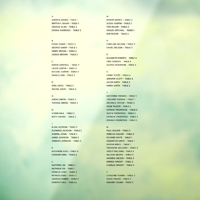 Transparent Alphabetical Seating Chart Just Names  (Sheet 3)