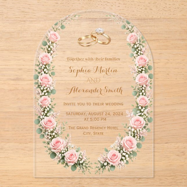 Transparent Arch Wedding Invite with Blush Roses Acrylic Invitations (Front)