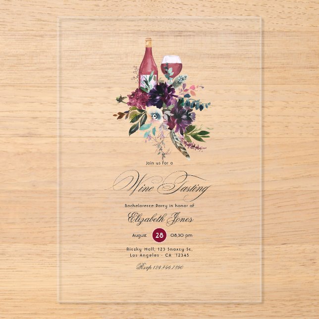 Transparent Burgundy Floral Wine Tasting Acrylic Invitations (Front)
