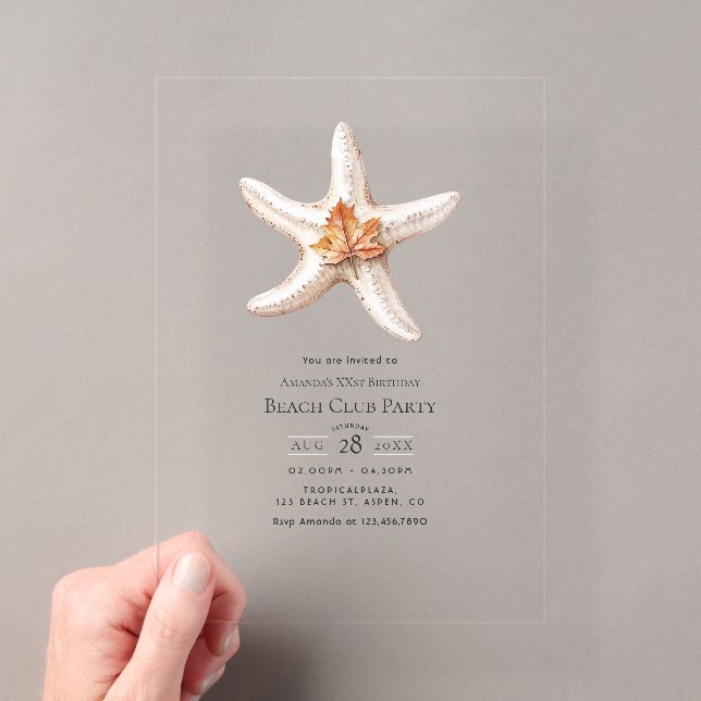 Transparent Coastal Chic Fall Beach Club Party Acrylic Invitations (Insitu (Handheld))