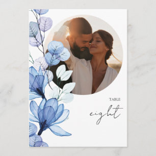 Transparent Dusty Blue Floral Photo Table Number