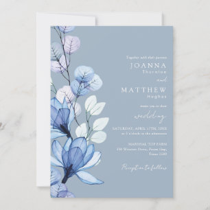 Transparent Floral Dusty Blue Monogram Wedding Invitation