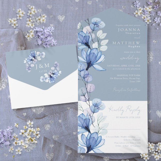 Transparent Floral Monogram Dusty Blue Wedding All In One Invitation (Transparent Floral Monogram Dusty Blue Wedding All In One Invitation)