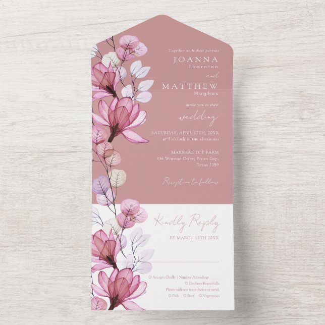 Transparent Floral Monogram Dusty Rose Wedding All In One Invitation (Inside)
