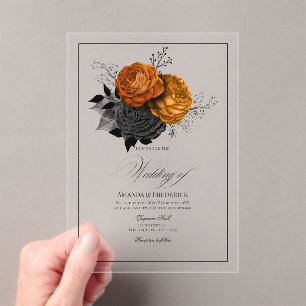 Transparent Gothic Orange and Black Floral Wedding Acrylic Invitations