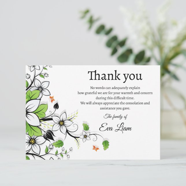 Transparent green flower funeral thank you card (Standing Front)
