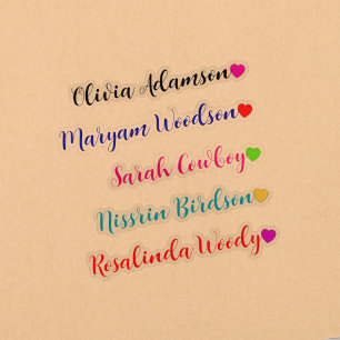 Transparent Long / Last Name Stickers with Hearts