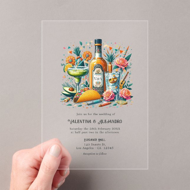 Transparent Mexican Fiesta Tequila & Tacos Wedding Acrylic Invitations (Insitu (Handheld))