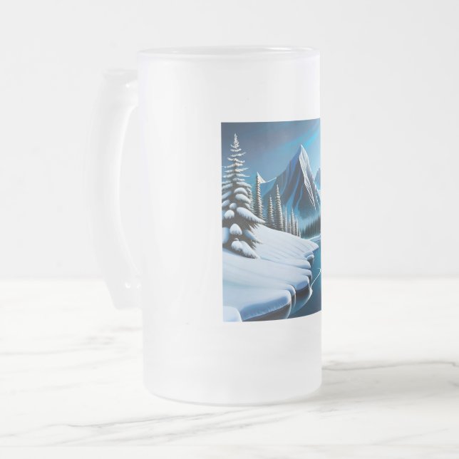 Transparent mug with a city made of ice as sticker (Front Left)