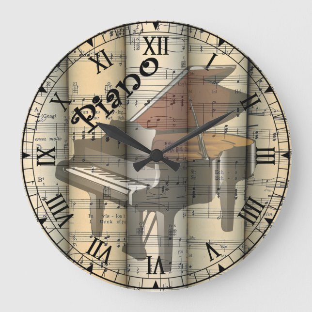 Transparent Piano ~ Rolled Vintage Sheet Music ~ Large Clock (Front)