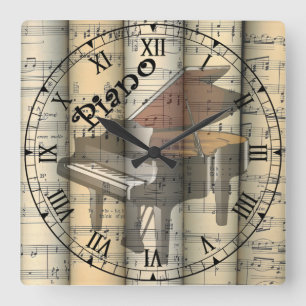 Transparent Piano ~ Rolled Vintage Sheet Music ~ Square Wall Clock