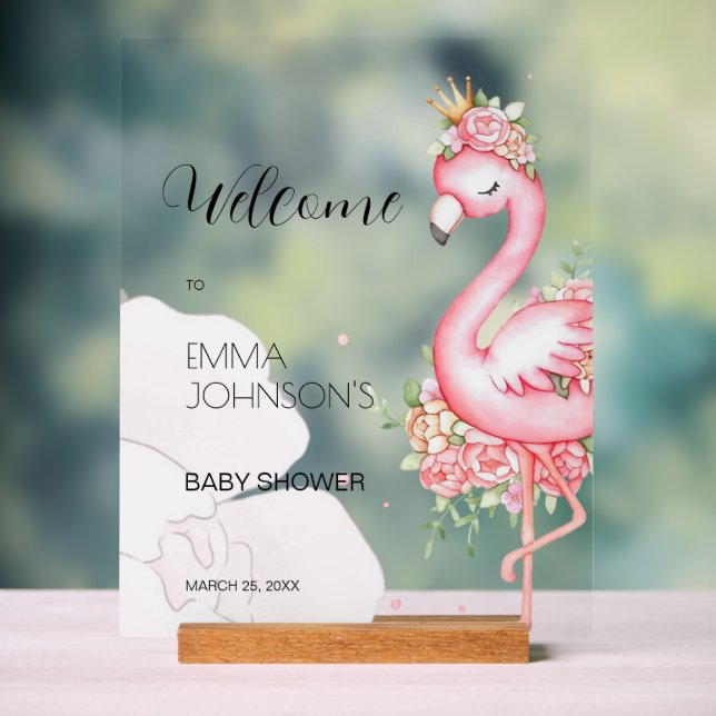 Transparent Pink Flamingo It's a Girl Baby Shower Acrylic Sign (Neutral)