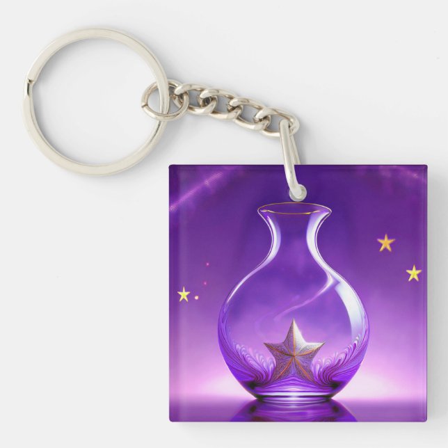 Transparent Purple Vase With Star All Under Dome Key Ring (Front)