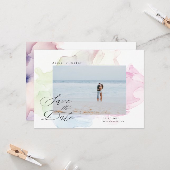 Transparent Silk Modern Photo Save the Date Invitation (Front/Back In Situ)