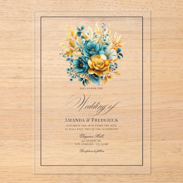 Transparent Teal and Gold Floral Wedding Acrylic Invitations (Front)