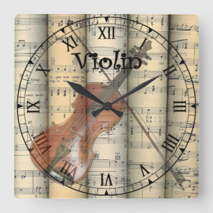 Transparent Violin ~ Rolled Vintage Sheet Music ~ Square Wall Clock