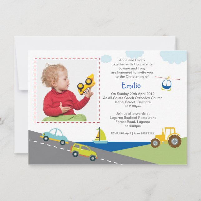 Transport Christening Invitations (Front)