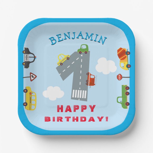 Transportation 1st Birthday Party Paper Plate (Front)