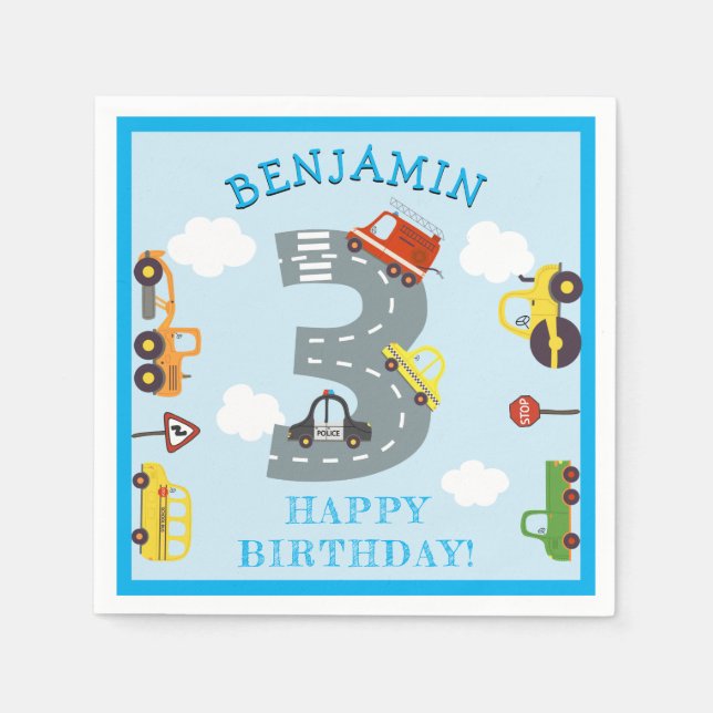 Transportation 3rd Birthday Party Napkins (Front)