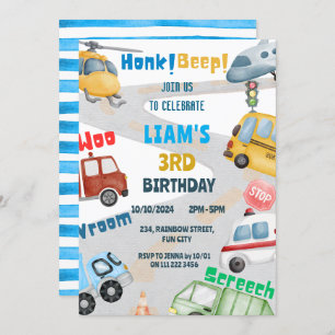 Transportation Aeroplane Helicopter Bus Birthday Invitation