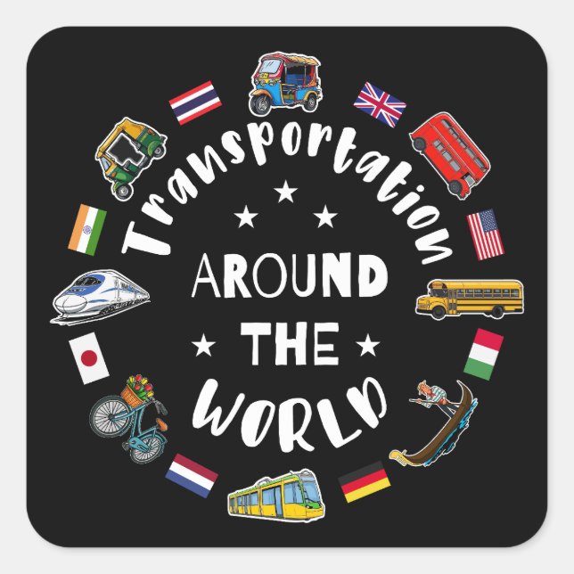 Transportation around the world square sticker (Front)