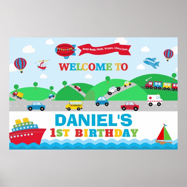 Transportation Birthday Backdrop Banner Boy Poster (Front)
