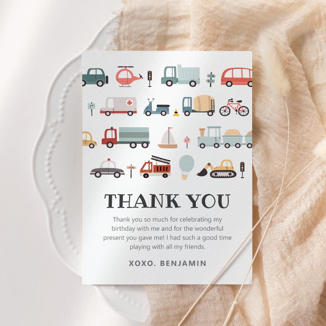 Transportation Birthday Flat Thank You Card (Modern Transportation birthday thank you card)