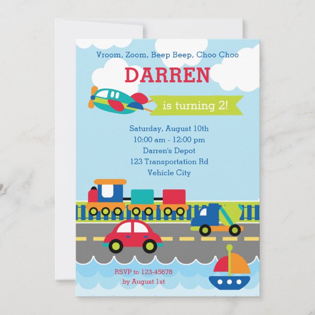 Transportation Birthday Invitations Boy Vehicles (Front)