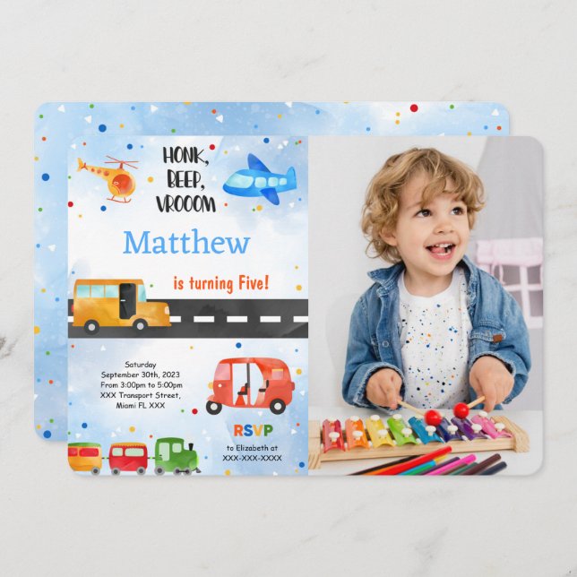 Transportation Birthday Party Photo Invitation (Front/Back)