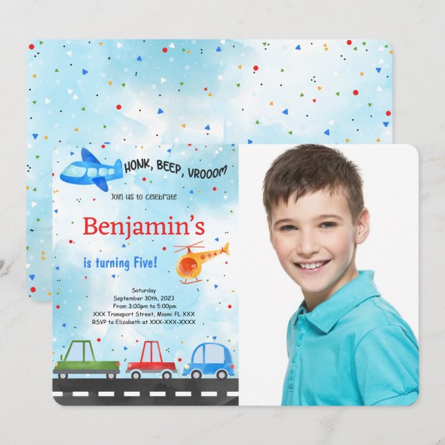 Transportation Birthday Photo Invitation (Front/Back)