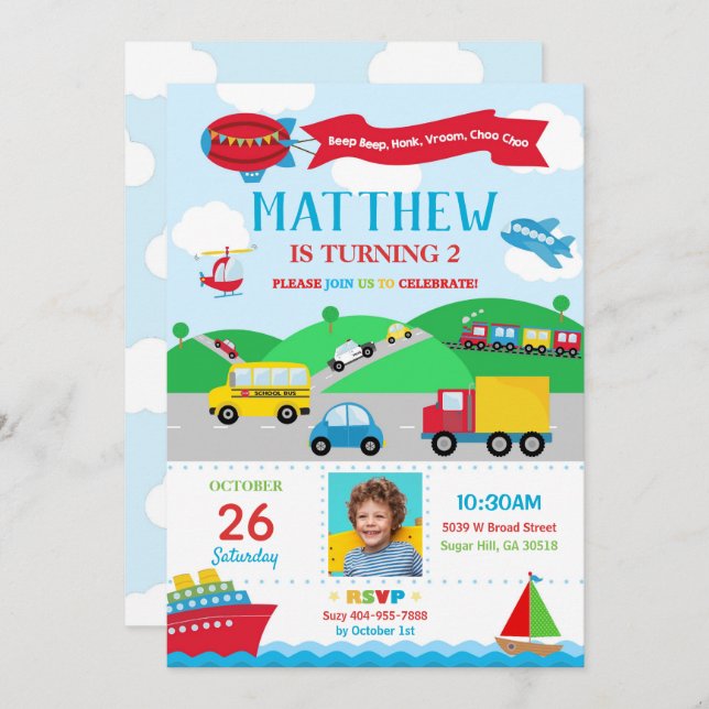 Transportation Birthday Photo Invitation Boy (Front/Back)