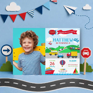 Transportation Birthday Photo Invitation Boy