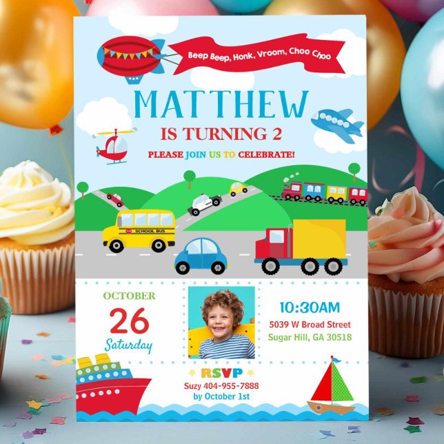 Transportation Birthday Photo Invitation Boy (Creator Uploaded)