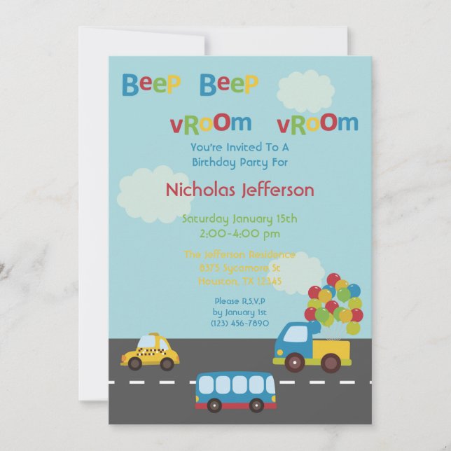 Transportation Car 5x7 Birthday Party Invitation (Front)