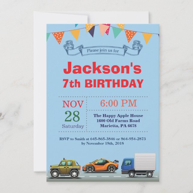 Transportation Car Truck Birthday Invitation (Front)