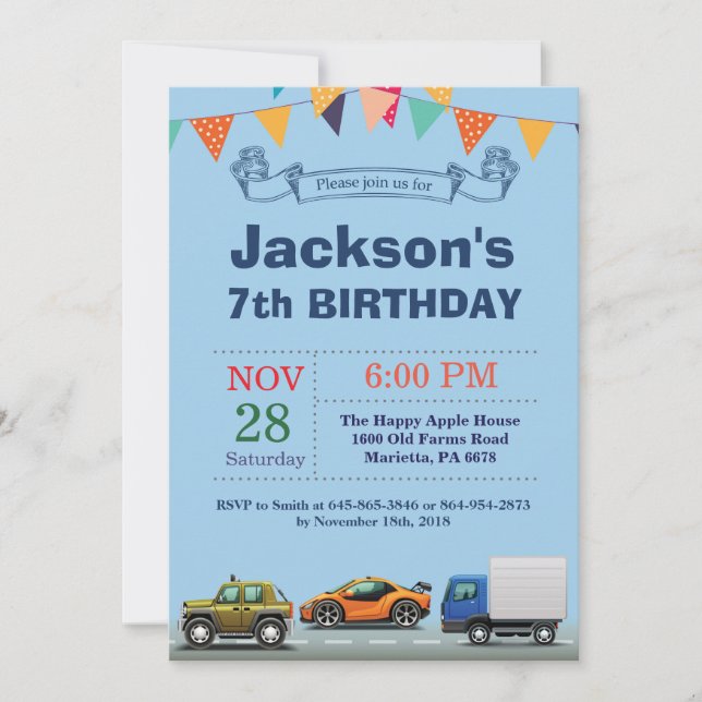 Transportation Car Truck Birthday Invitation (Front)