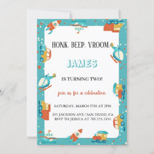 Transportation Cars and Trucks Boy Birthday Party  Invitation