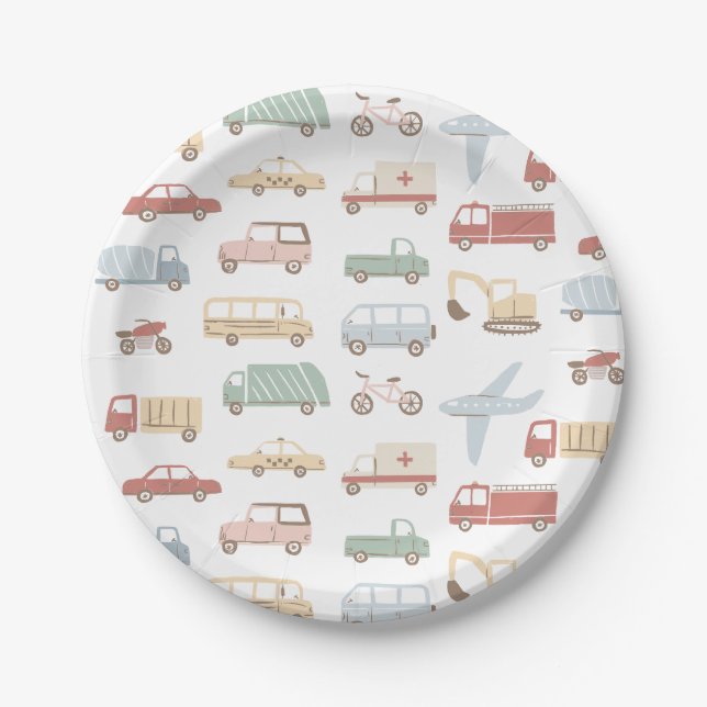 Transportation Cars and Trucks Boy Birthday Party Paper Plate (Front)