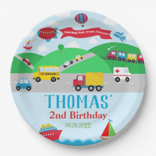 Transportation Cars Trains Boats Boy Birthday Paper Plate