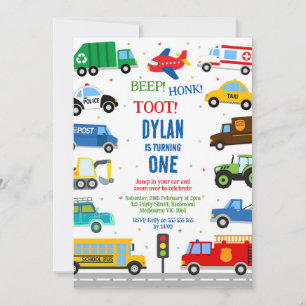 Transportation City Cars and Truck Boy Birthday Invitation